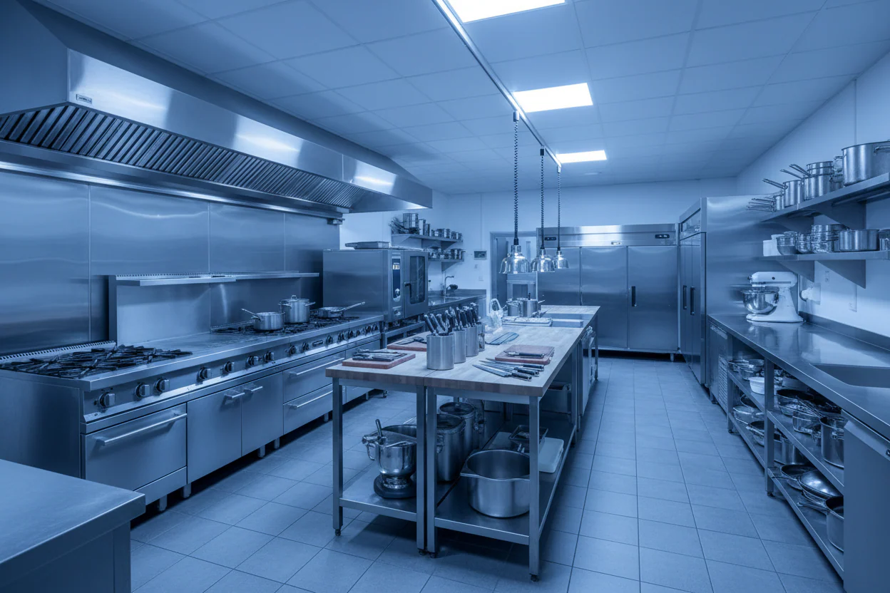 commercial kitchen design with a blue tint overlay